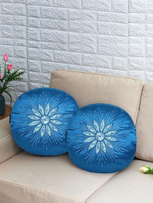 mezposh dazzle royal blue & white floral mandala embellished satin cushion covers (16")  set of 2 - 18369382 -  Standard Image - 0