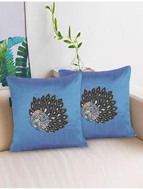 mezposh dazzle air force blue & metallic quirky embellished faux silk cushion covers (16"x16") set of 2 - 18369388 - Standard Image - 0