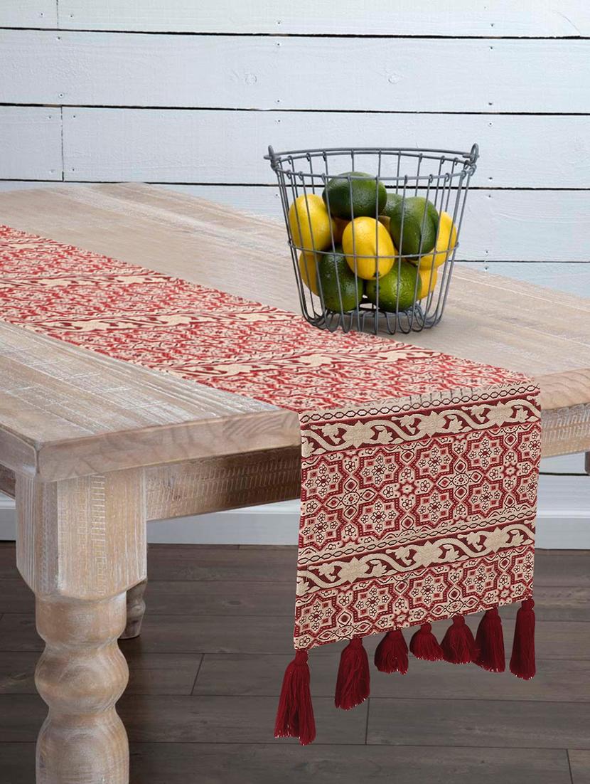 mezposh tribal natural & red polycotton jacquard & lurex 6 seater ethnic motifs table runner with tassels (180x40 cm)