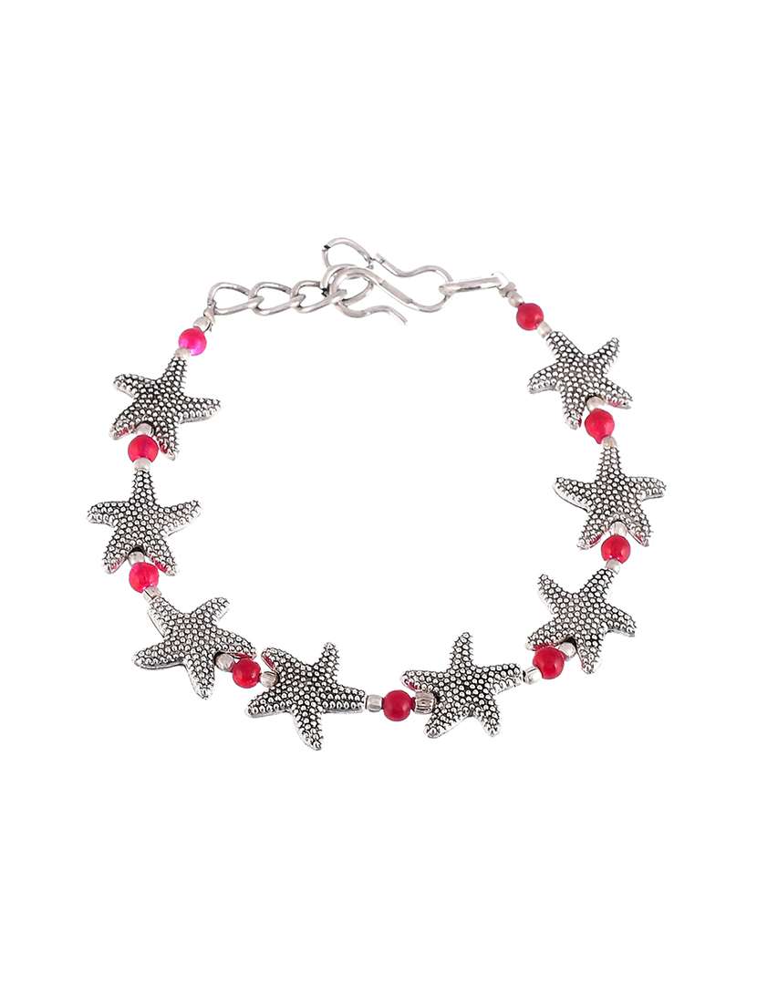 boho silver starfish red bead anklet