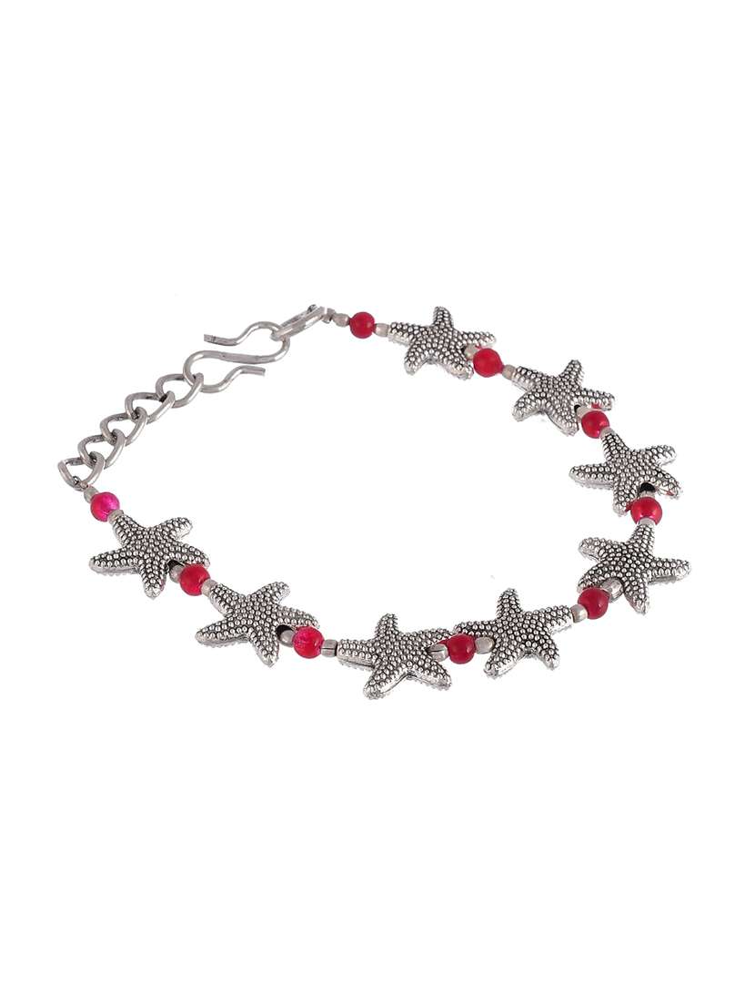 Boho Silver Starfish Red Bead Anklet - 18369790 -  Standard Image - 2