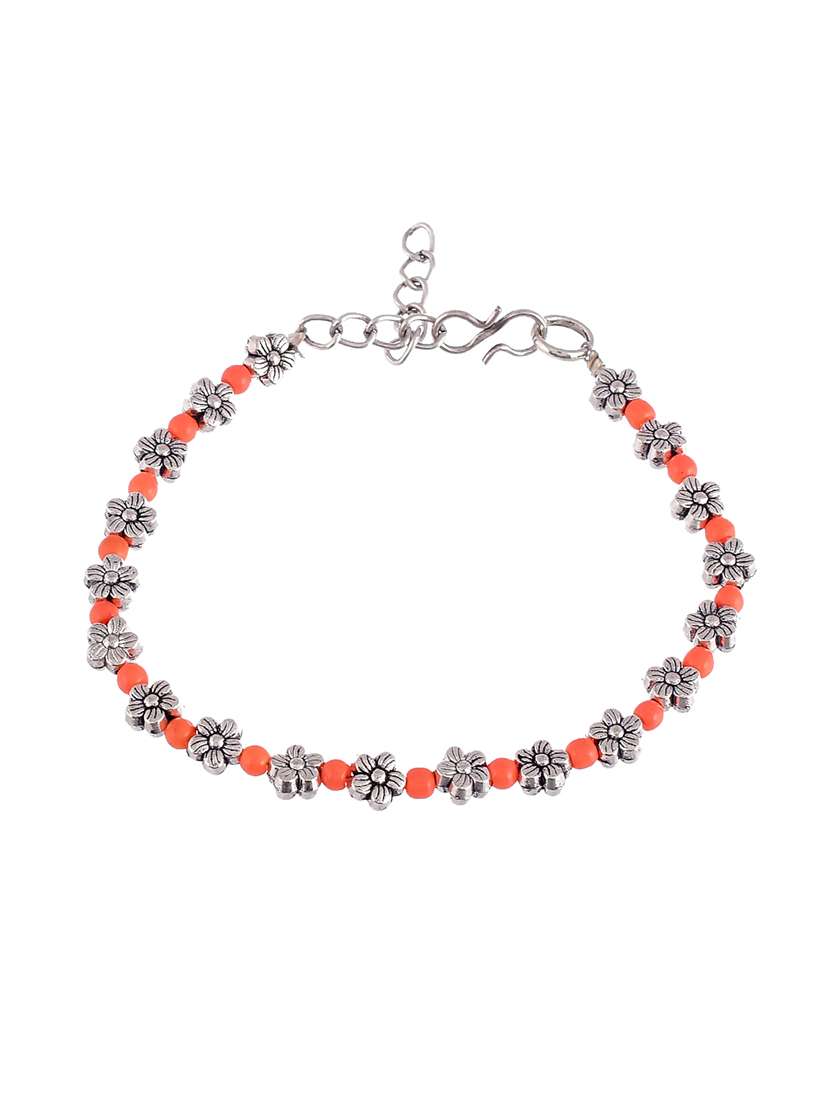 orange beads silver flower anklet - 18369874 -  Zoom Image - 0