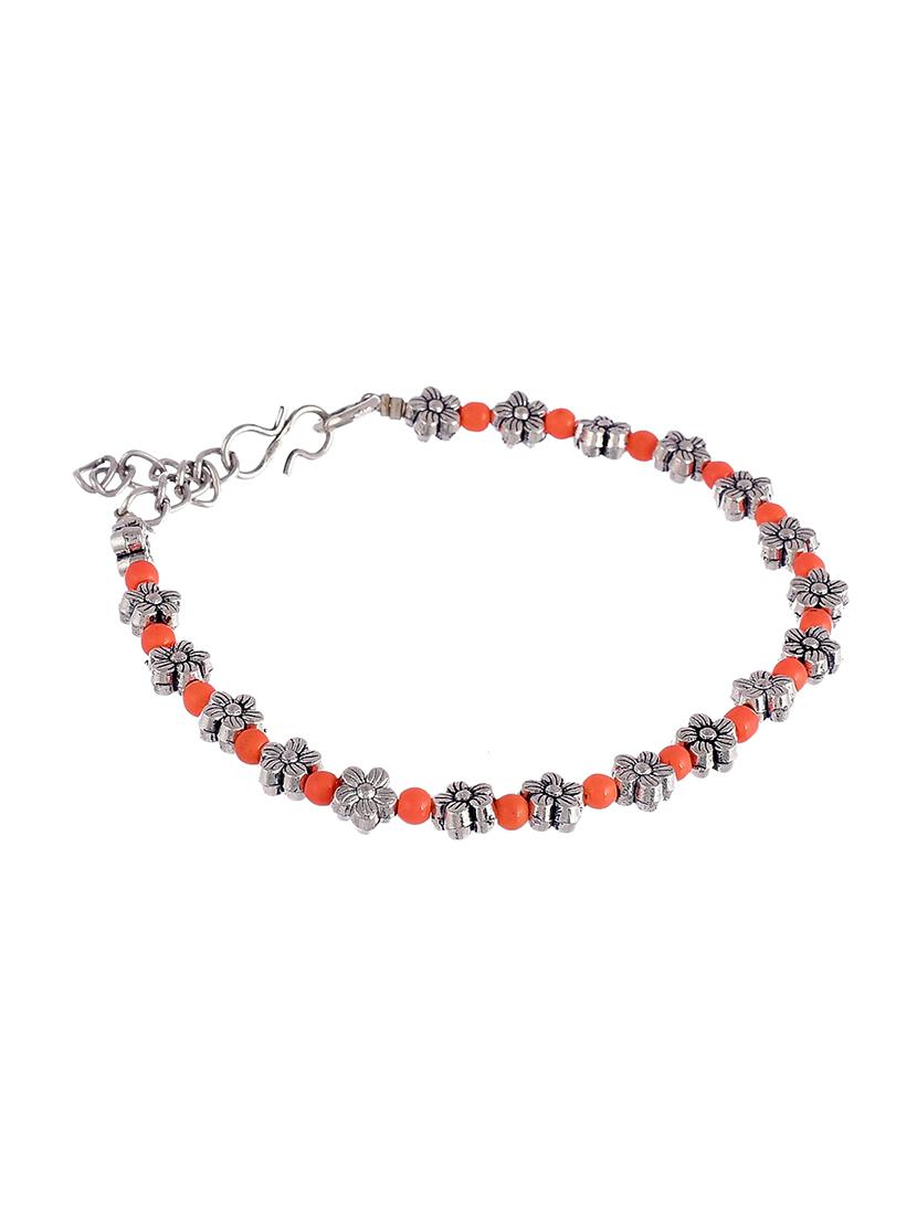 orange beads silver flower anklet - 18369874 - Standard Image - 2