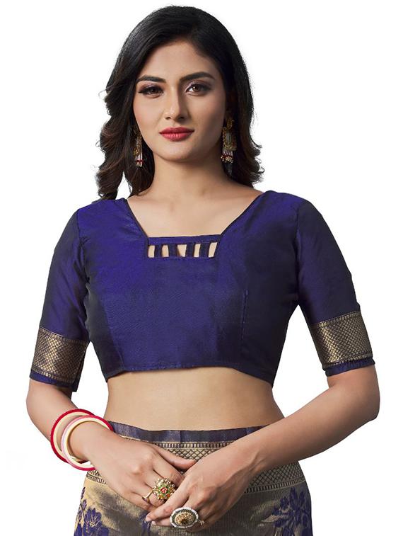 navy silk blend banarasi saree with blouse - 18370982 - Standard Image - 2