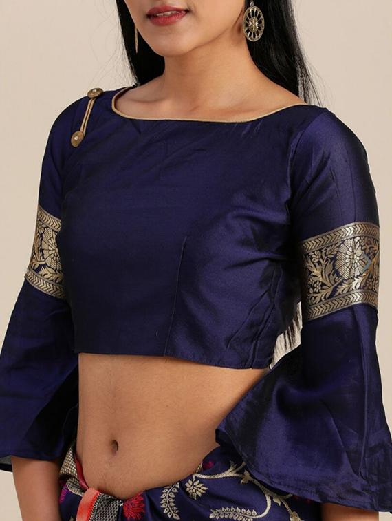 navy silk blend banarasi saree with blouse - 18371018 - Standard Image - 2