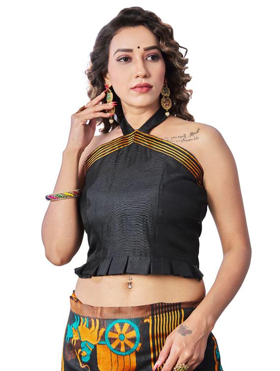 black printed saree with blouse - 18371051 - Standard Image - 2