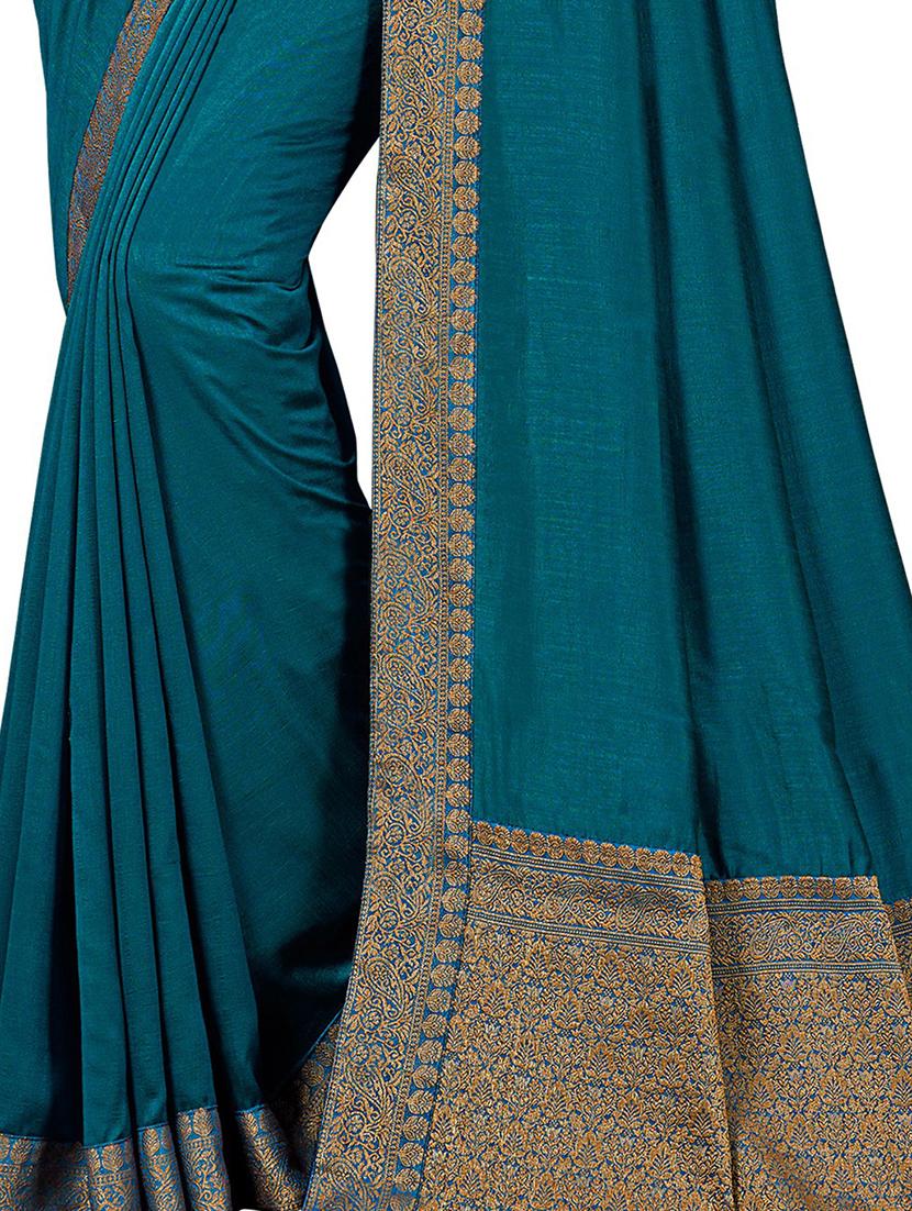 turquoise bordered saree with blouse - 18371512 - Standard Image - 2