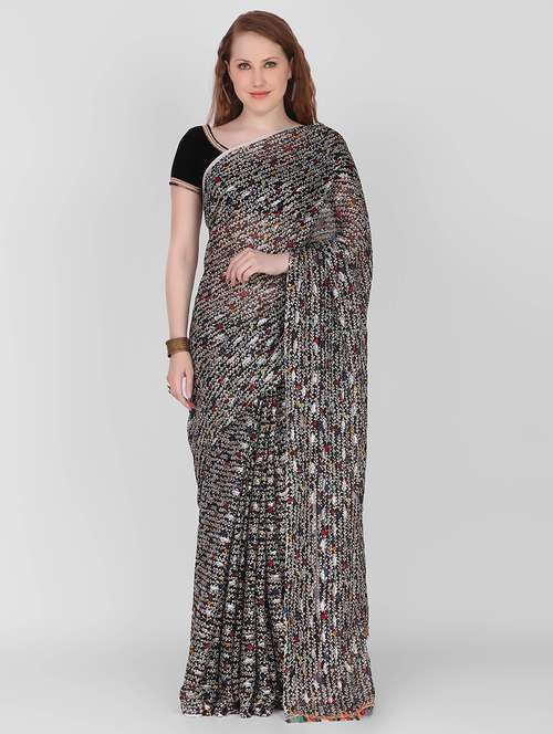 black chiffon printed saree with blouse - 18371726 -  Standard Image - 0