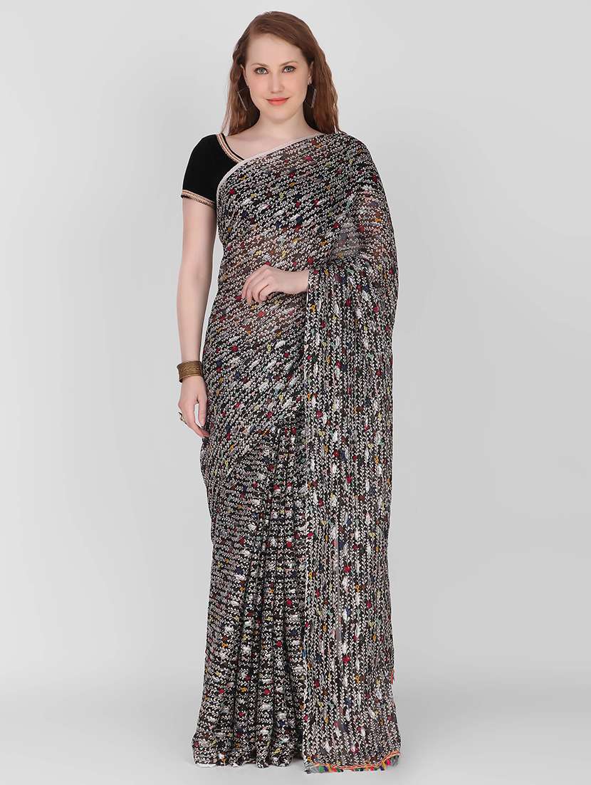 black chiffon printed saree with blouse - 18371726 -  Zoom Image - 0