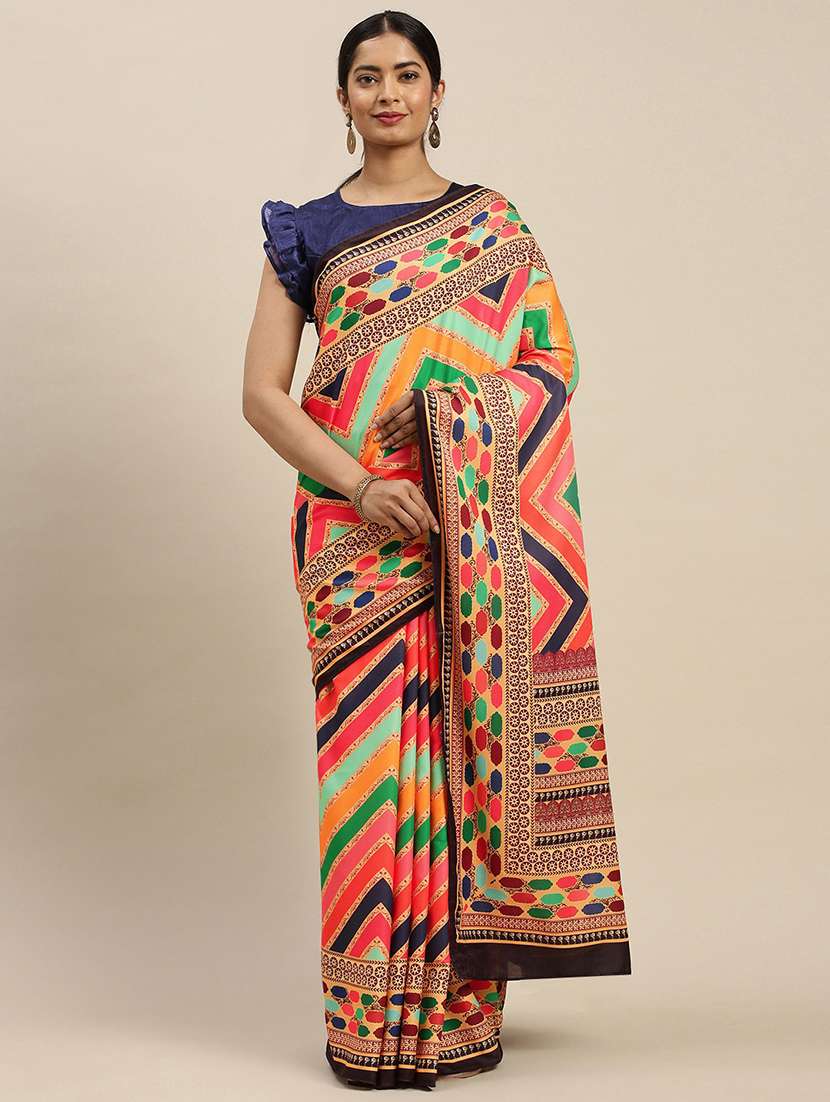 multi colored art silk printed saree with blouse