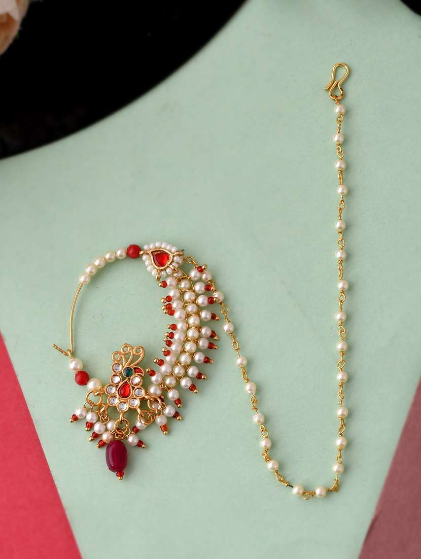 gold plated red & white pearls chained meenakari nose ring