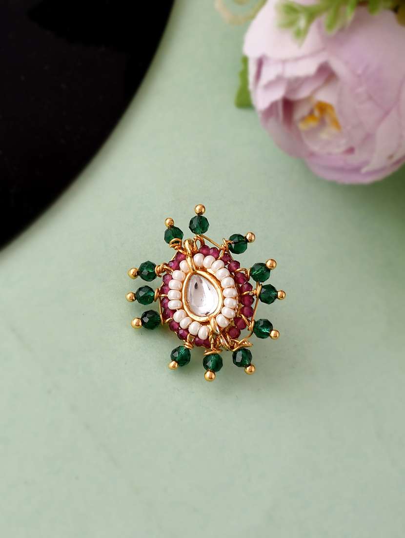 gold plated green & white kundan studded meenakari nose ring