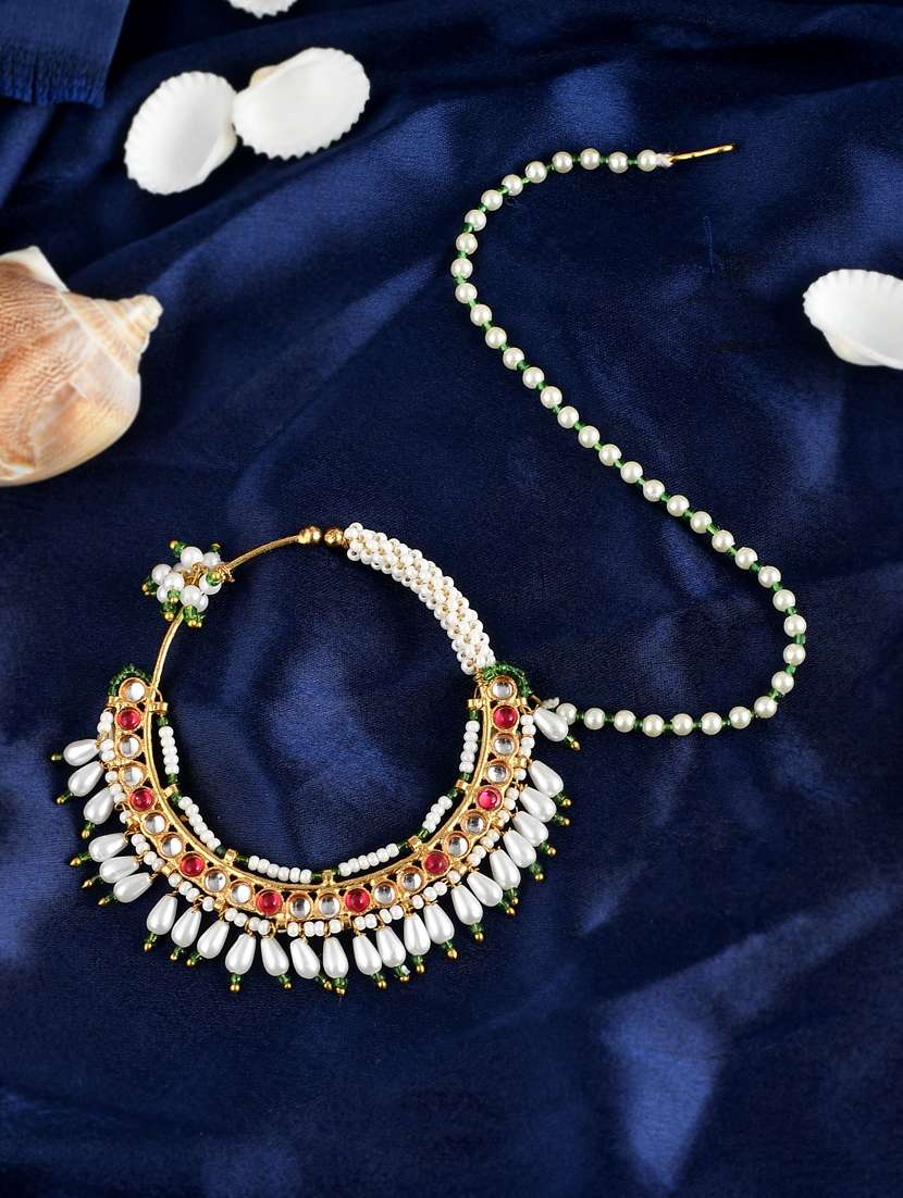 gold plated red & white stone studded & beaded nose ring