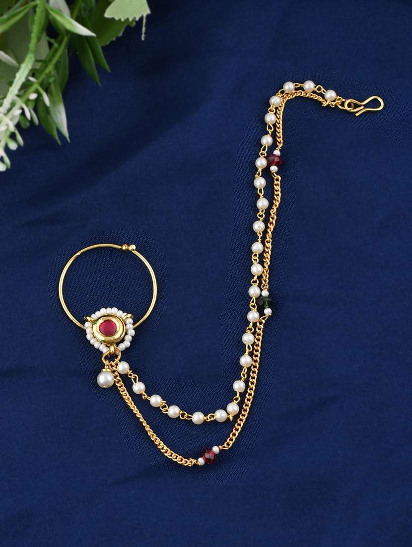 gold plated white & red stone studded & pearls beaded nose ring