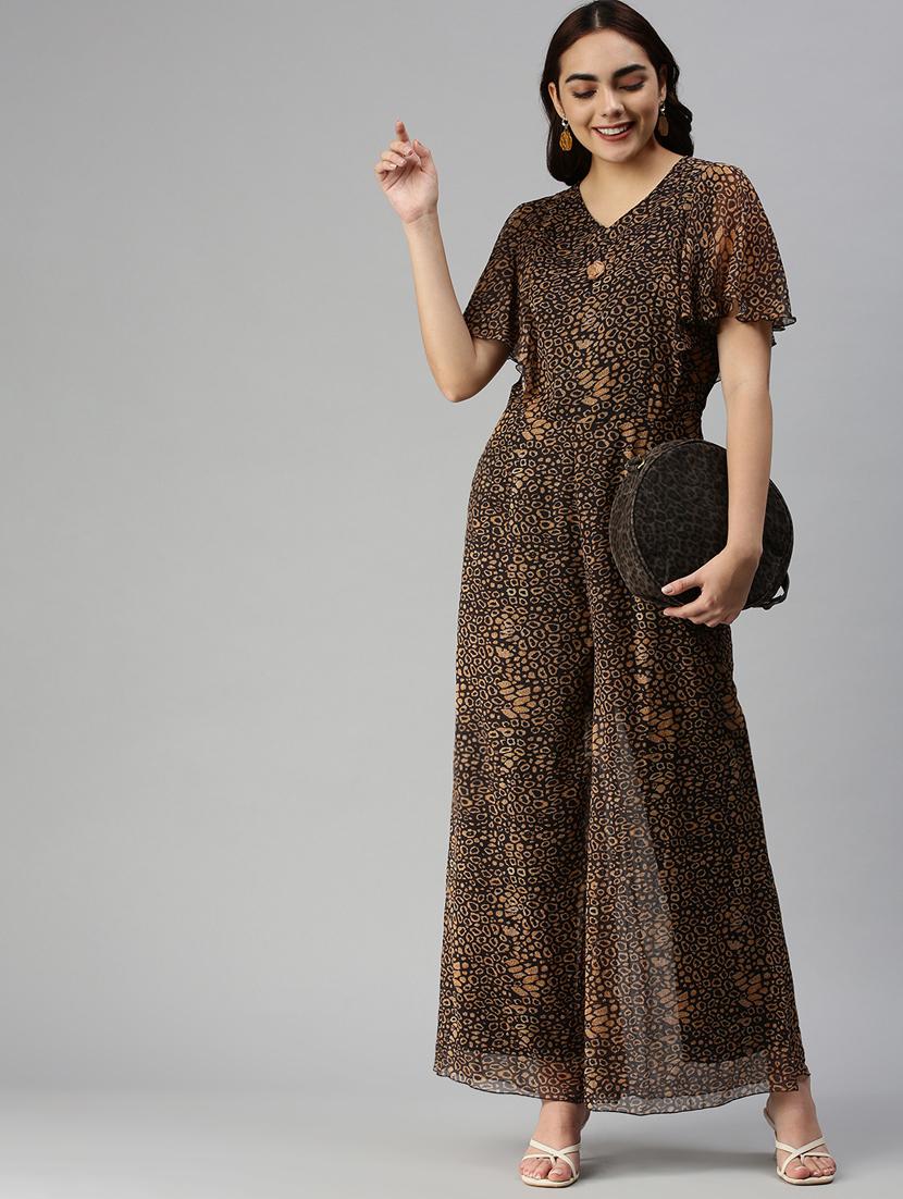 v-neck animal print full leg jumpsuit - 18372218 -  Zoom Image - 0
