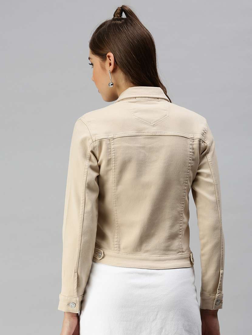Beige Solid Denim Summer Jacket - 18372258 -  Standard Image - 2