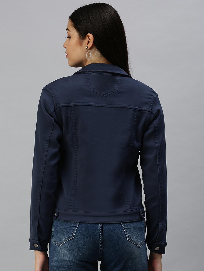 navy blue solid denim summer jacket - 18372259 - Standard Image - 2