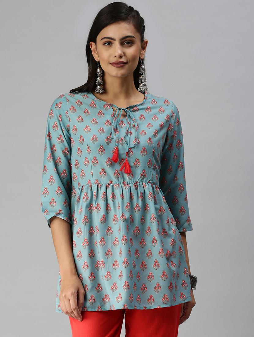 blue printed a-line kurti