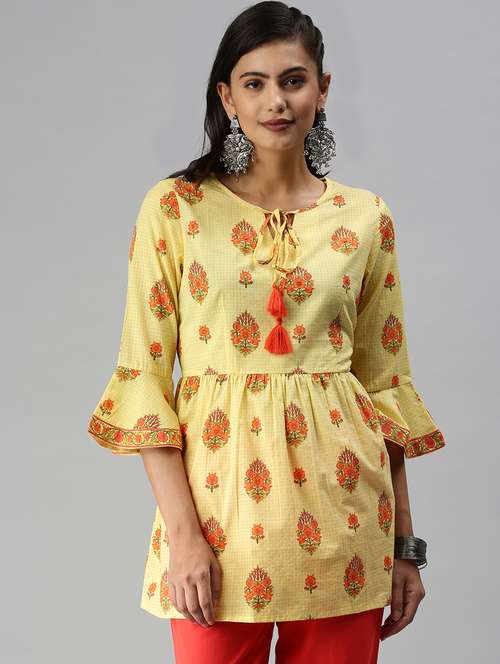women yellow floral printed a-line kurti - 18372283 - Standard Image - 0