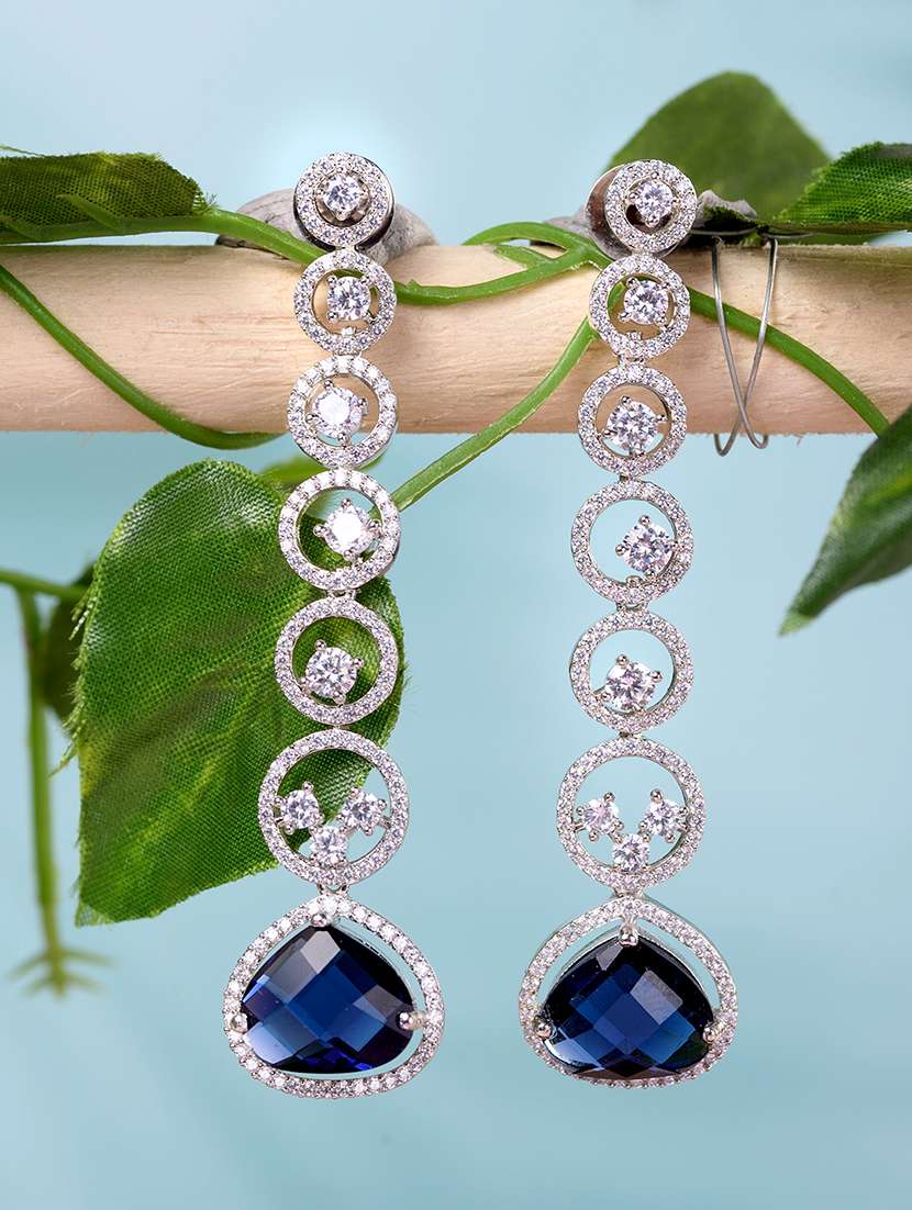 white rhodium plated blue ad studded drop earrings