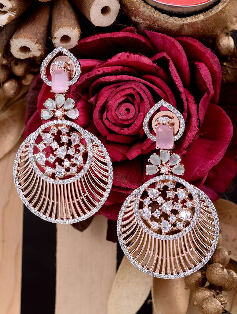 rosegold plated pink ad studded chandbali earrings