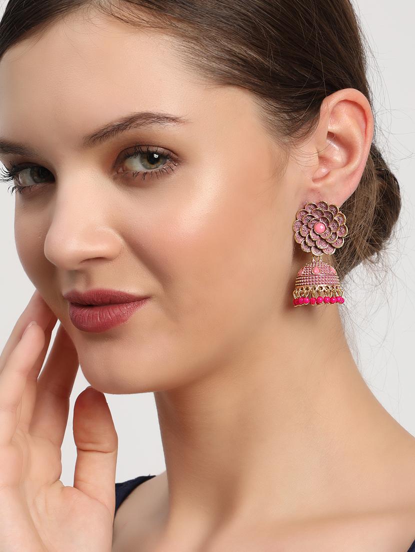 pink brass jhumka earring - 18373257 - Standard Image - 2