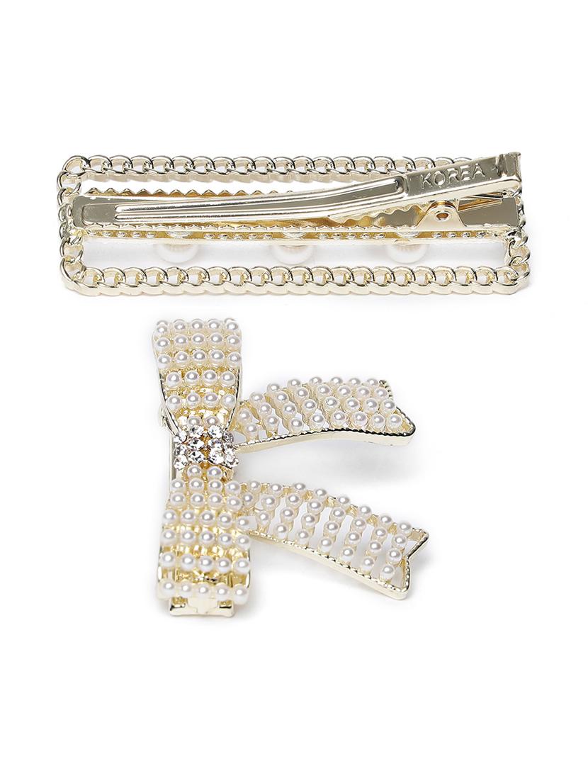 set of 2 cream colored pearl studded & crystal floral shape hair clip - 18373292 - Standard Image - 2
