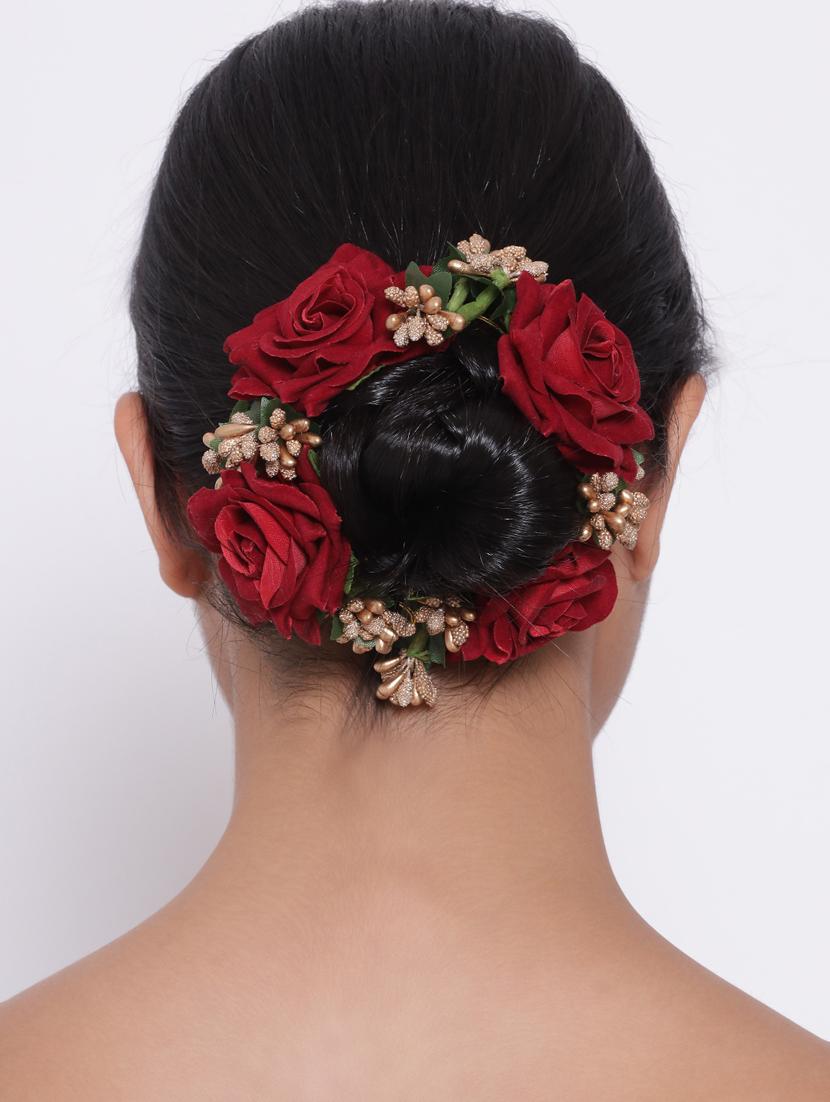 artificial red rose flower handcrafted fabric gajra/hair bun accessories - 18373296 - Standard Image - 2