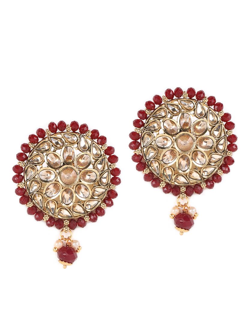 gold-plated & kundan studded maroon beaded multi-strand set with maangtika - 18373355 - Standard Image - 2