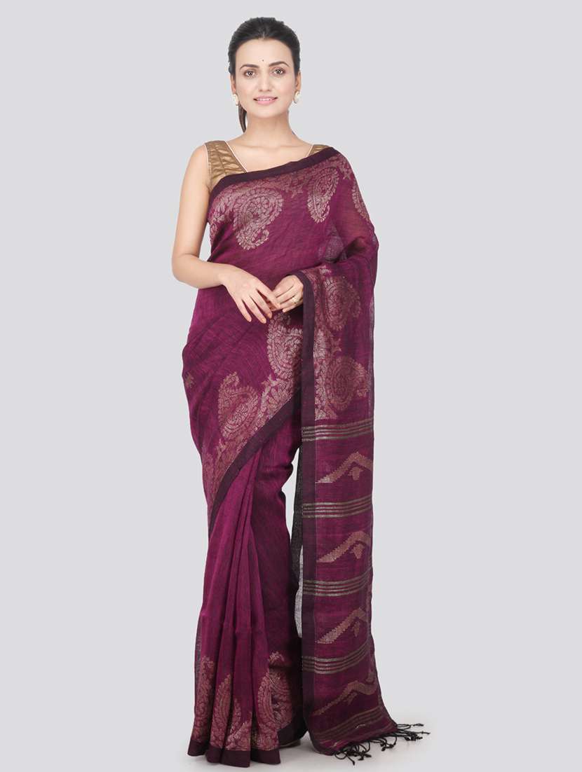 purple linen jamdani saree with blouse