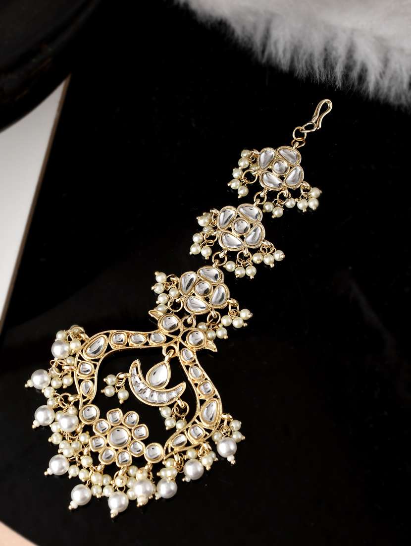 gold tone stone studded maang teeka