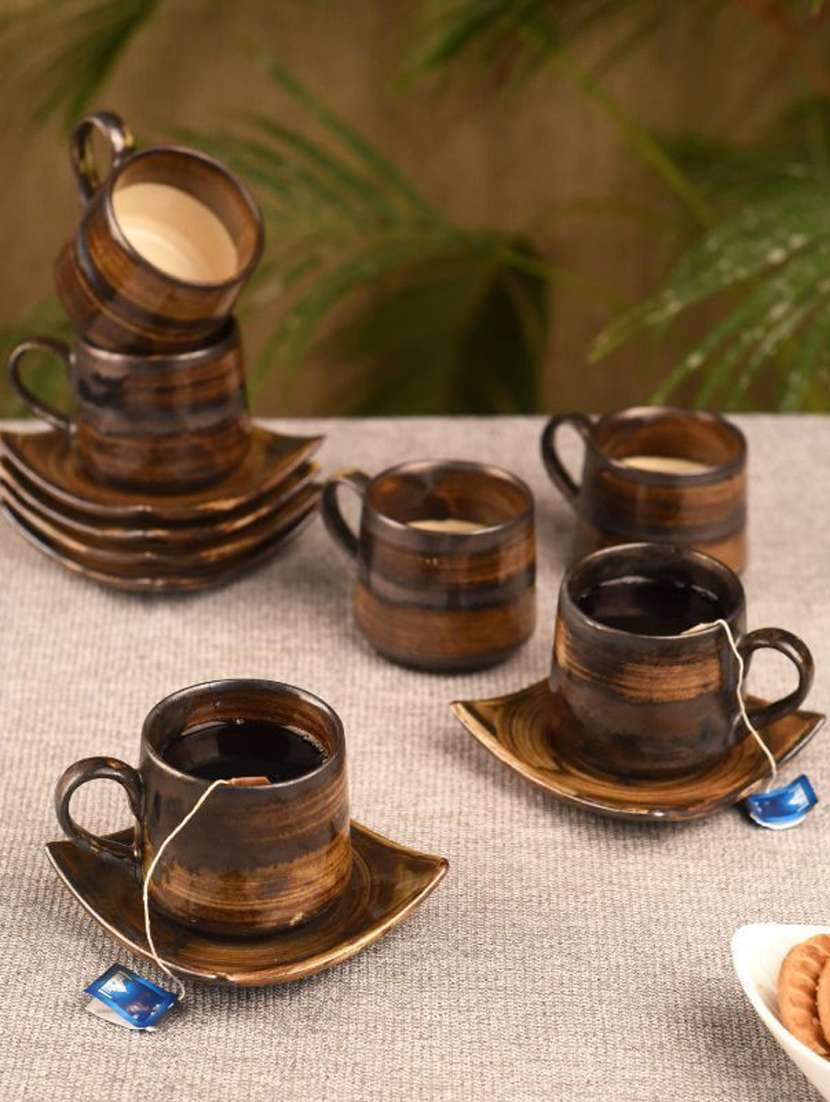 unravel india studio pottery metallic ceramic cup & saucer(set of 6)