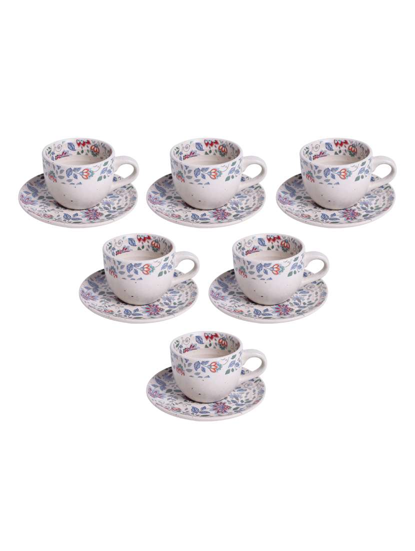 unravel india floral print stoneware painting tea cup and saucer set (multicolor, set of 6)