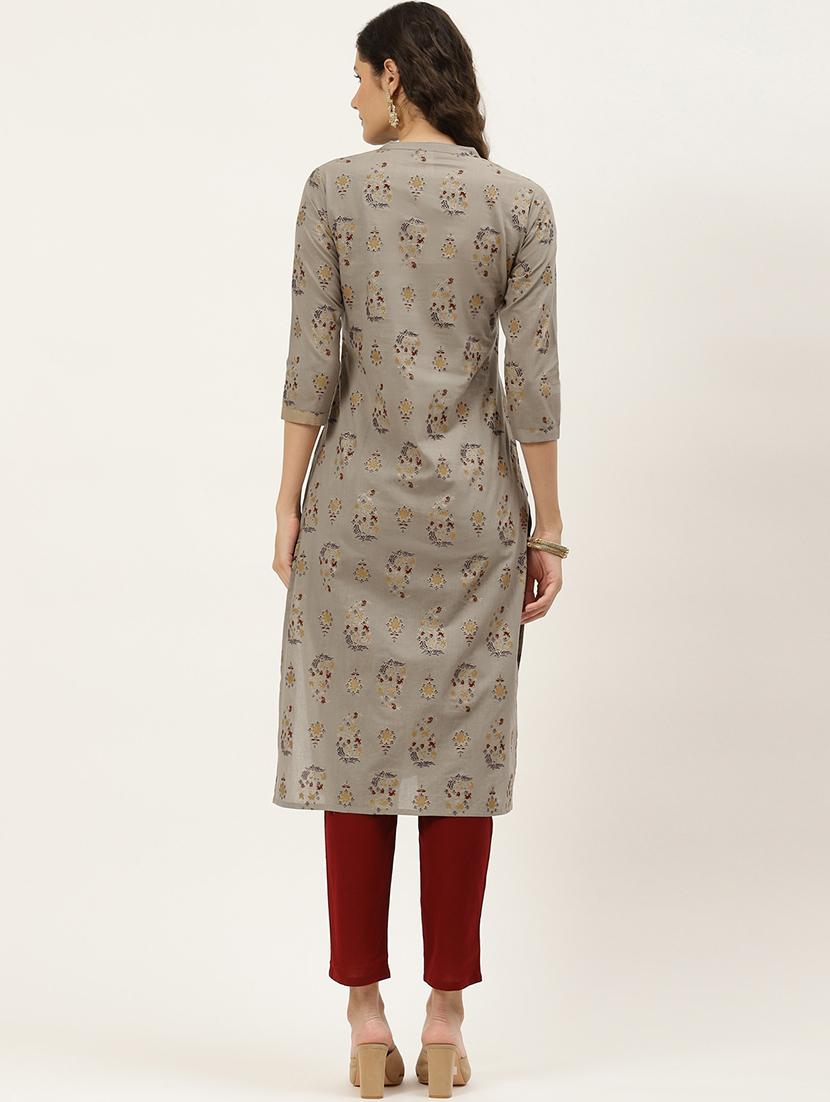 grey cotton blend straight kurta - 18376993 - Standard Image - 2