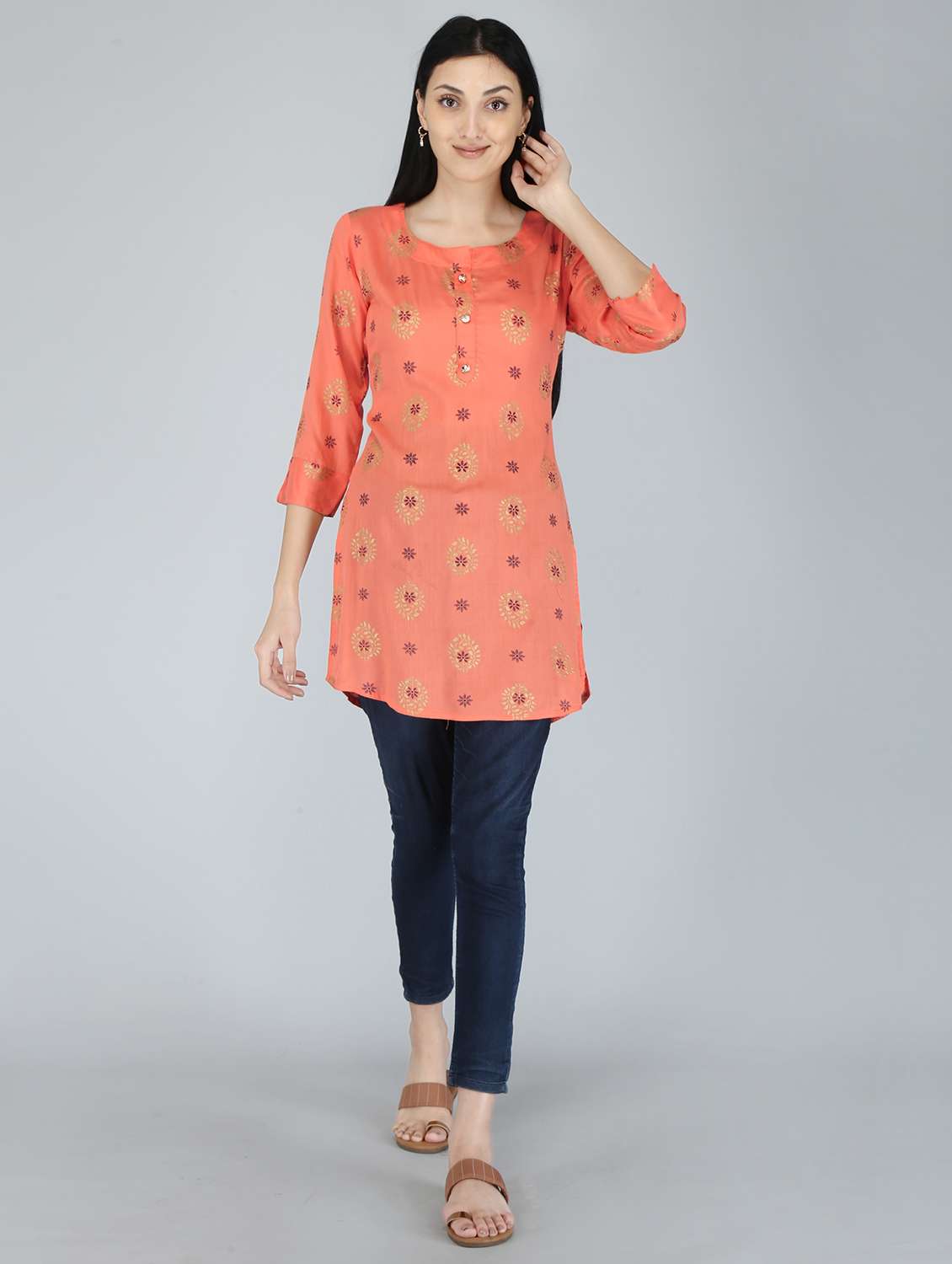peach printed a-line kurti - 18377159 - Zoom Image - 0