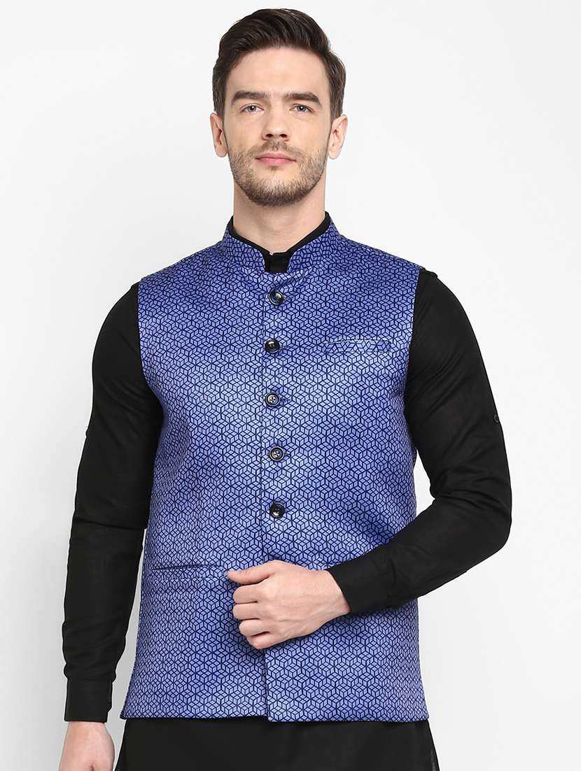 blue printed nehru jacket