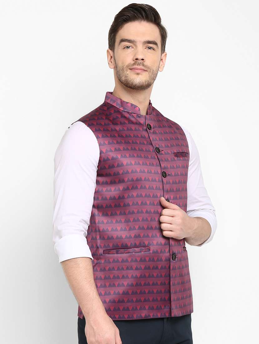 navy blue printed nehru jacket - 18377250 -  Standard Image - 2