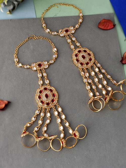 gold toned & red stone studded hathphool bracelets - 18378088 - Standard Image - 0