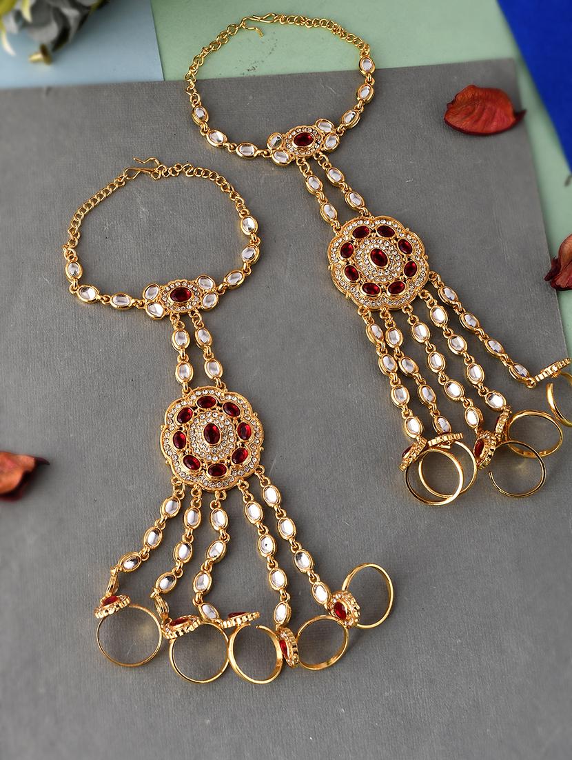gold toned & red stone studded hathphool bracelets - 18378088 - Zoom Image - 0