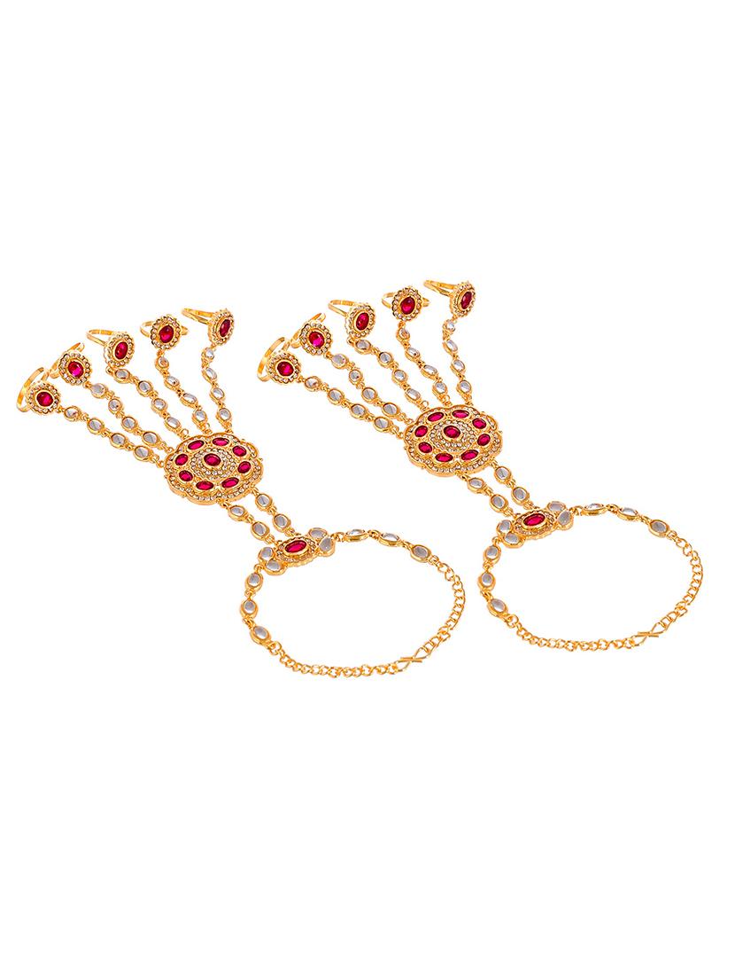 gold toned & red stone studded hathphool bracelets - 18378088 - Standard Image - 2