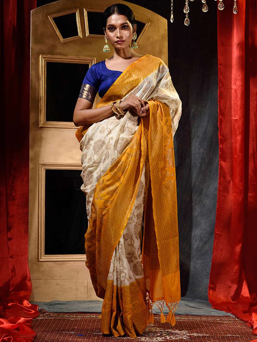 women's self design off white colored saree with blouse
