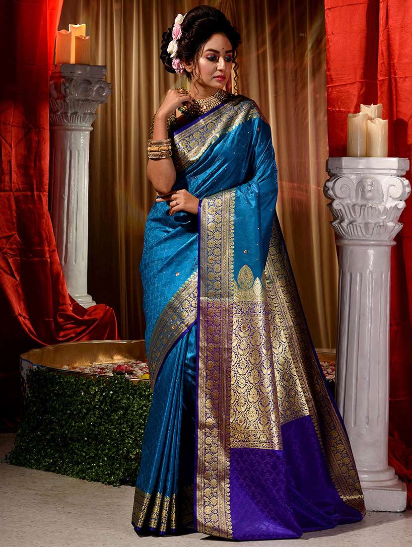 blue silk blend banarasi saree with blouse
