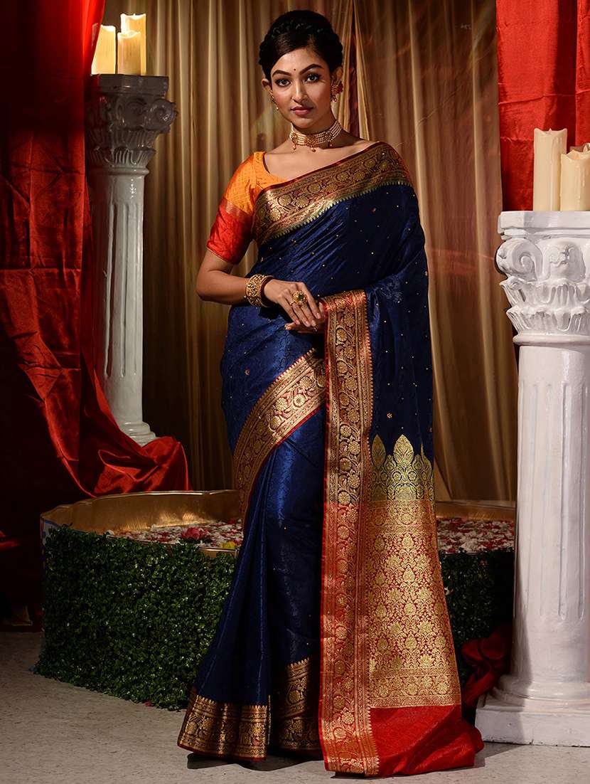 navy silk blend banarasi saree with blouse