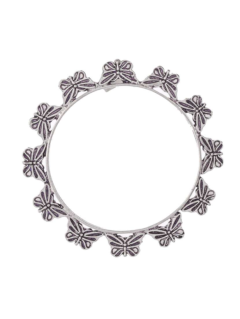 Set Of 2 Silver Toned Oxidised Butterfly Design Bangles
