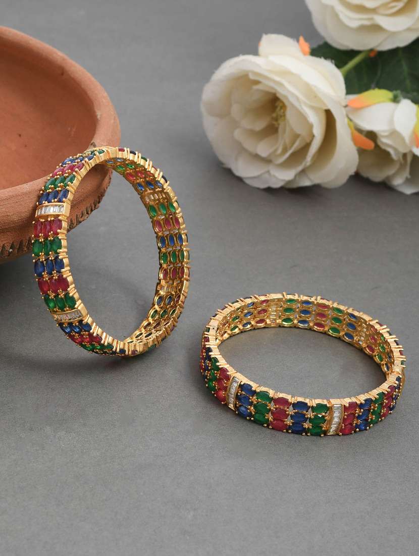 faux emerald sapphire ruby diamond designer gold kada bangles - 18380782 - Zoom Image - 0