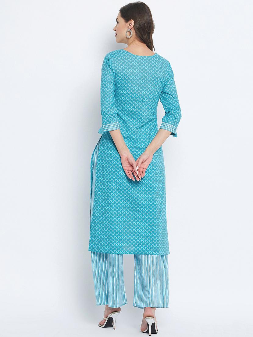 turquoise cotton kurta palazzo set - 18381004 - Standard Image - 2