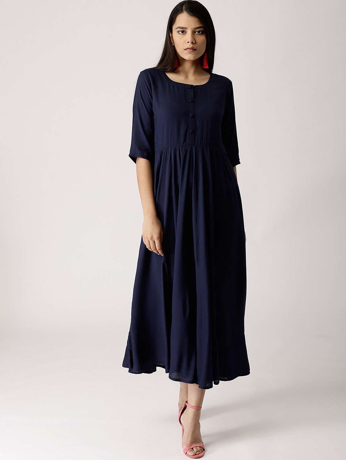 blue solid flared ethnic dress