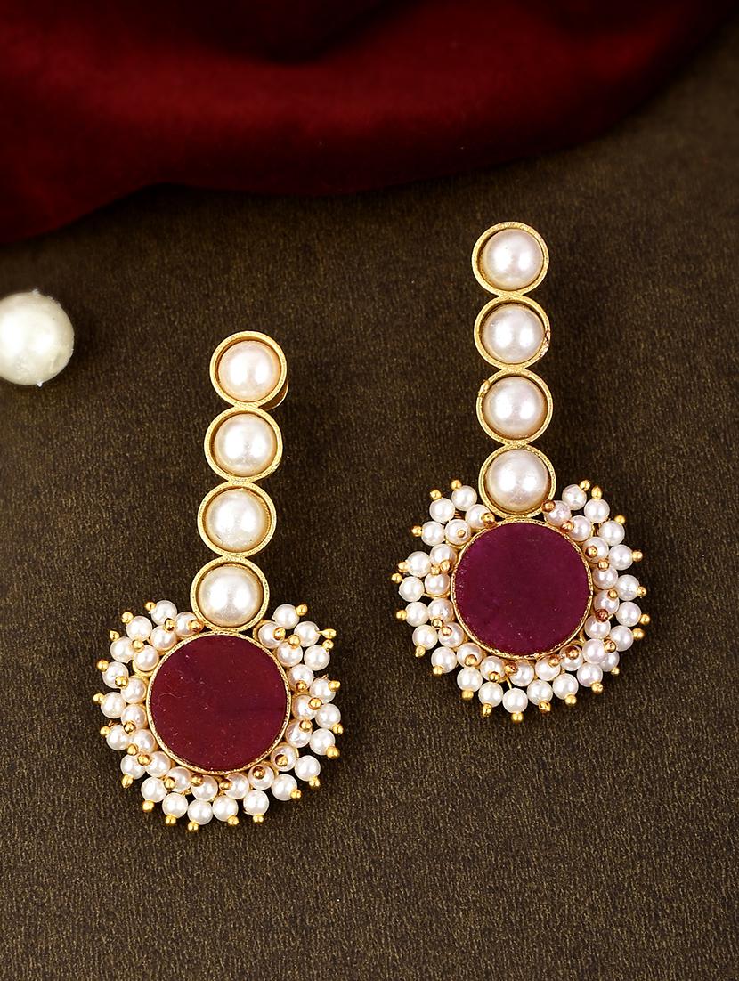 gold plated red stone studded pearl beaded drop earrings - 18381339 -  Zoom Image - 0