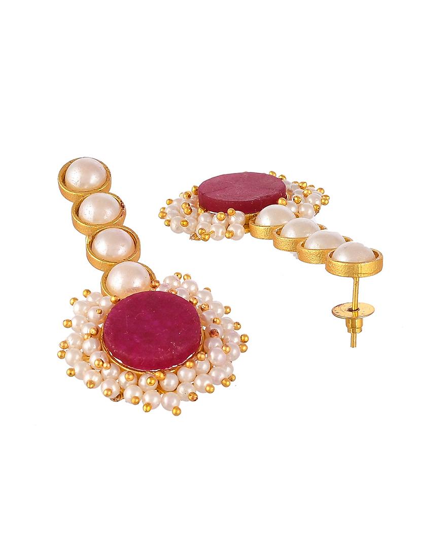 gold plated red stone studded pearl beaded drop earrings - 18381339 - Standard Image - 2
