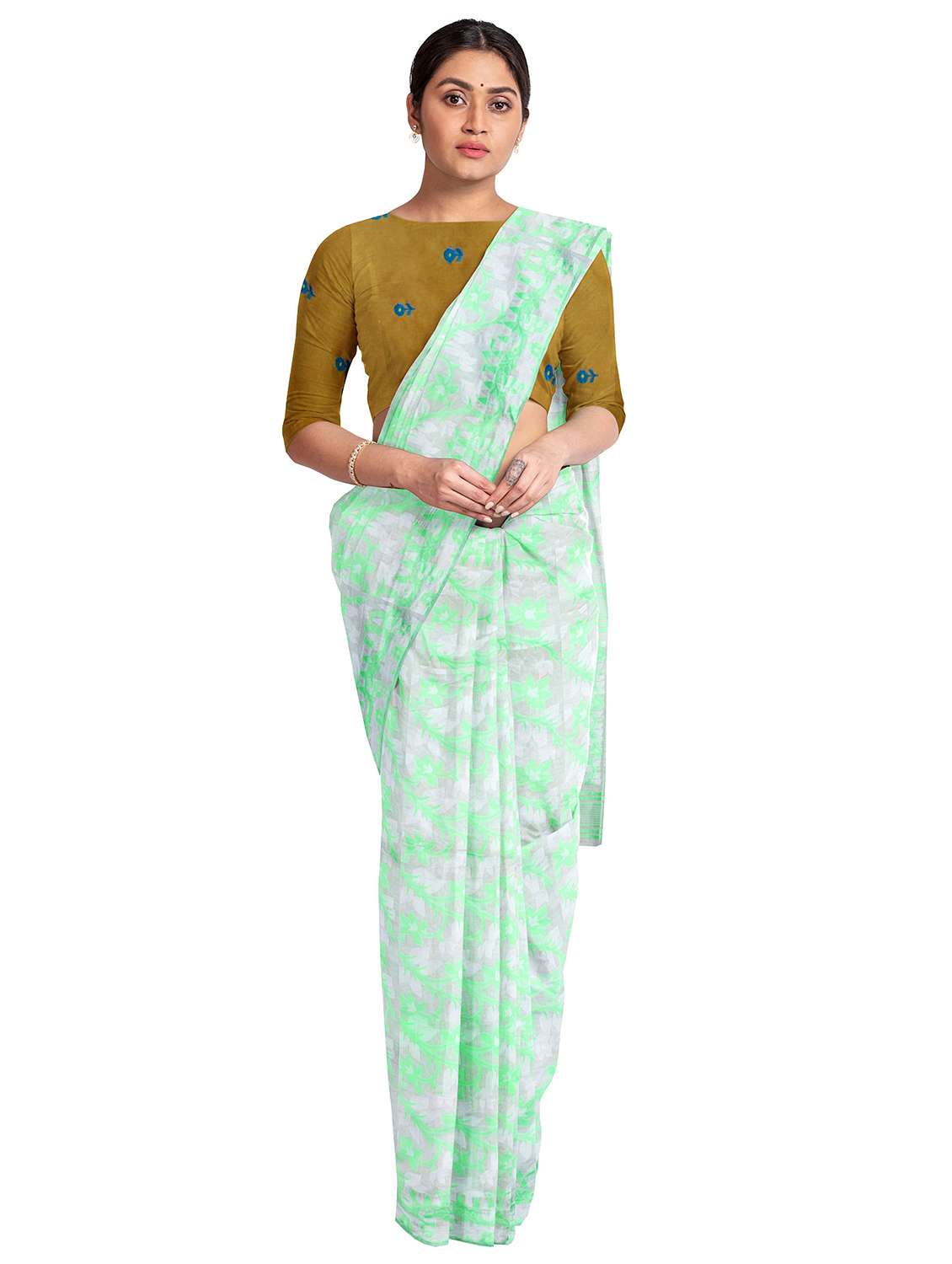 women's floral green colored saree with blouse